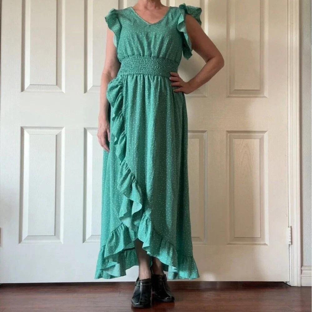 Green Polka Dot Ruffle Maxi Dress Cottagecore Boho Feminine Apx size Small